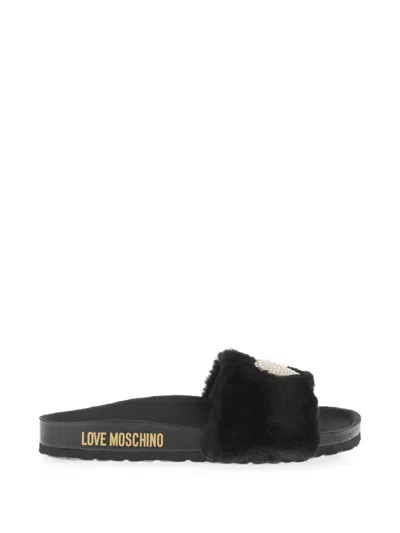 Moschino Rhinestone Heart-patch Slides In Black