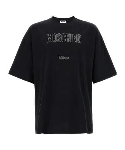 Moschino Crystal Logo Crew Neck T-shirt With Short Sleeves In Black