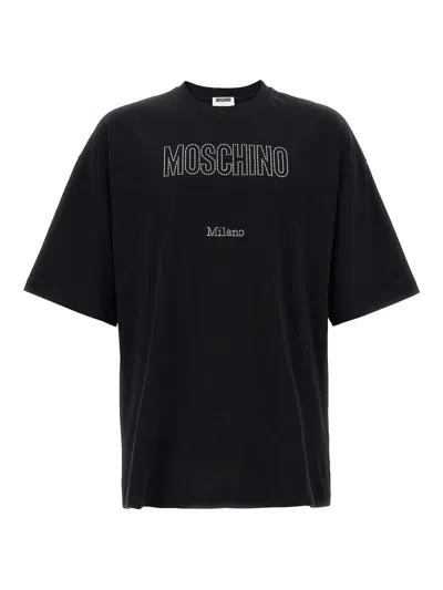 Moschino Crystal Logo Crew Neck T-shirt With Short Sleeves In Black