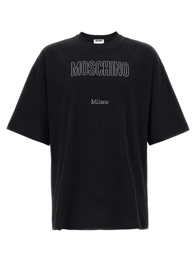 Moschino Crystal Logo Crew Neck T-shirt With Short Sleeves In Black