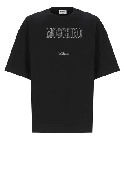 Moschino Crystal Logo Crew Neck T-shirt With Short Sleeves In Black