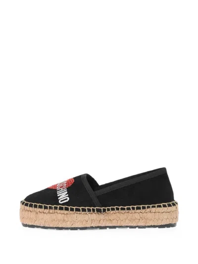 Moschino Rhinestone-logo Platform Espadrilles In Black