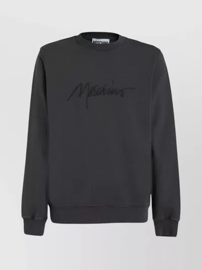 Moschino Ribbed Crew-neck Cotton Sweatshirt With Long Sleeves In Brown