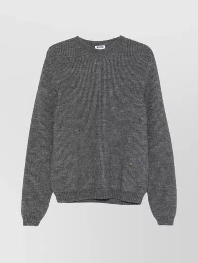 Moschino Ribbed Crewneck Sweater Long Sleeves In Gray