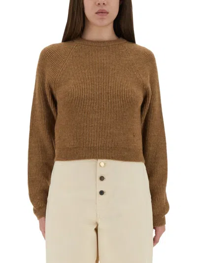 Moschino Ribbed Cropped Sweater With Fitted Silhouette In Brown