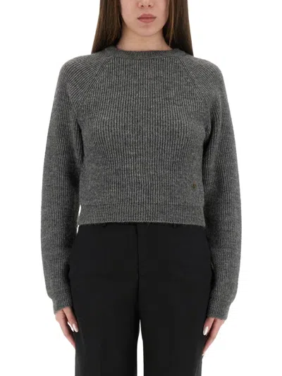 MOSCHINO RIBBED GREY CROPPED SWEATER WITH FRAYED HEM