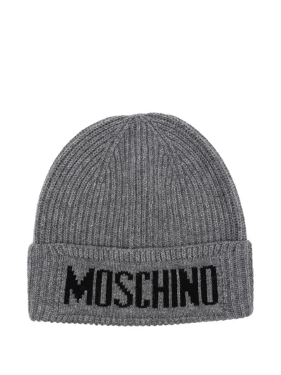 Moschino Ribbed Logo Beanie In Gray
