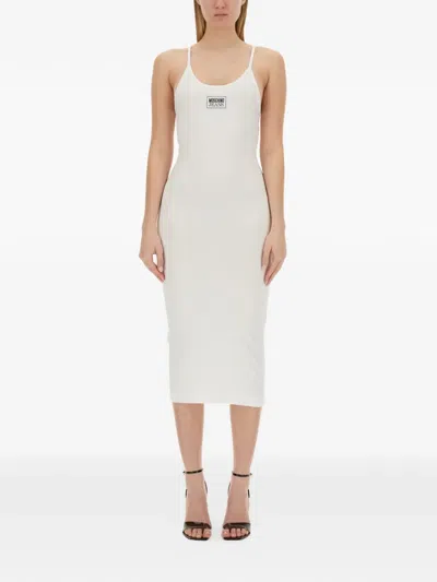 Moschino Ribbed Logo-patch Dress In White