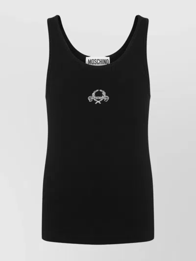 Moschino Ribbed Racerback Scoop Neck Sleeveless Top In Black