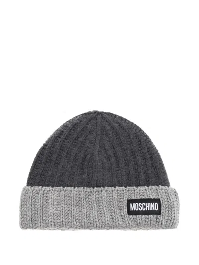 Moschino Ribbed Wool Beanie In Gray