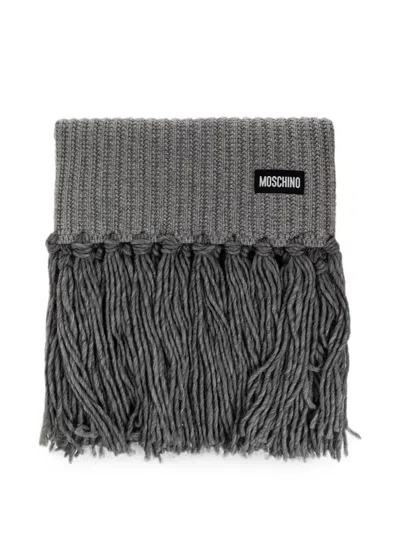 Moschino Ribbed-knit Fringed Scarf In Gray