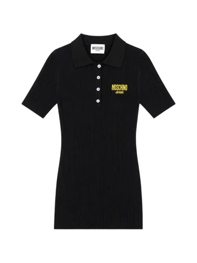 Moschino Ribbed-knit Logo-embroidered Polo Shirt In Black