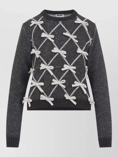 Moschino Ribbon Lattice Bow Crew Knit Sweater In Black