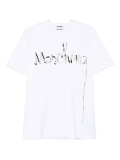 Moschino Ribbon-logo Print Cotton T-shirt In White