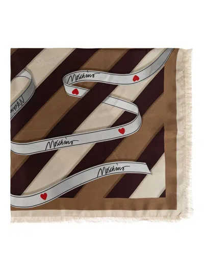 Moschino Ribbon-striped Silk Scarf In Brown