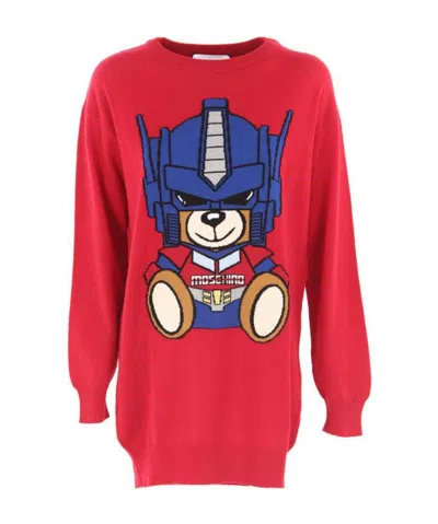 Moschino Robot Pattern Sweater Dress In Red