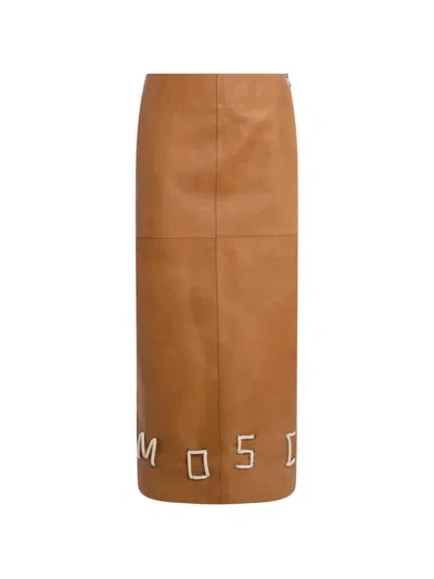 Moschino Rope-logo Leather Midi Skirt In Brown