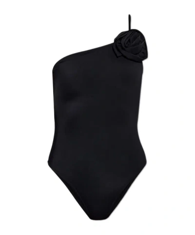 Moschino Rose-appliqué One Shoulder Swimsuit In Black