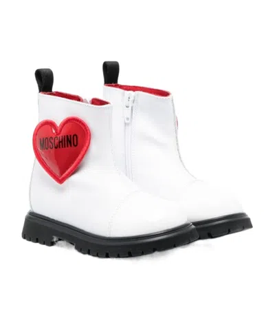 Moschino Kids' Logo-patch Leather Ankle Boots In White