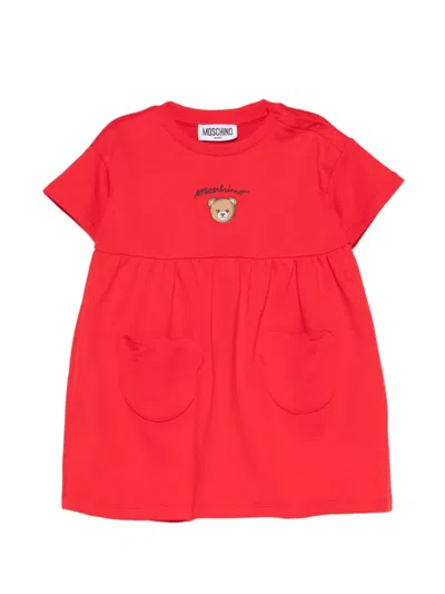 Moschino Babies' Round-neck Pocket Dress In Red
