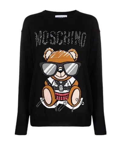 Moschino Round-necked Logo Sweater In Black