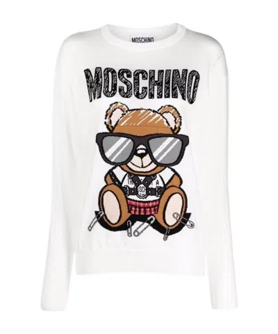 Moschino Round-necked Logo Sweater In White
