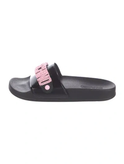 Pre-owned Moschino Rubber Graphic Print Slides In Black