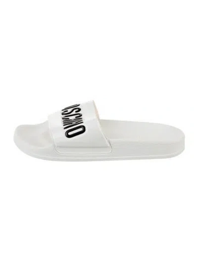 Pre-owned Moschino Rubber Graphic Print Slides In White