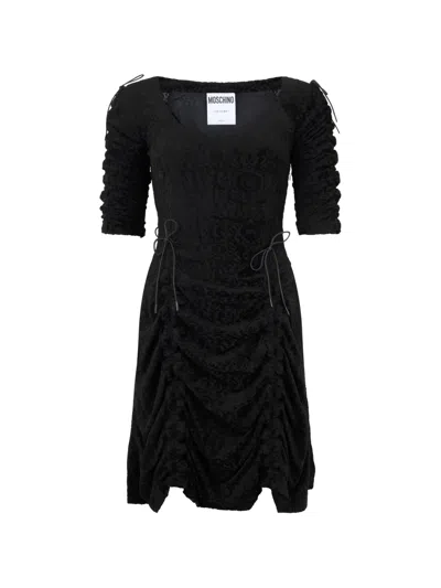Moschino Ruched-detail Lace-patterned Mini Dress In Black