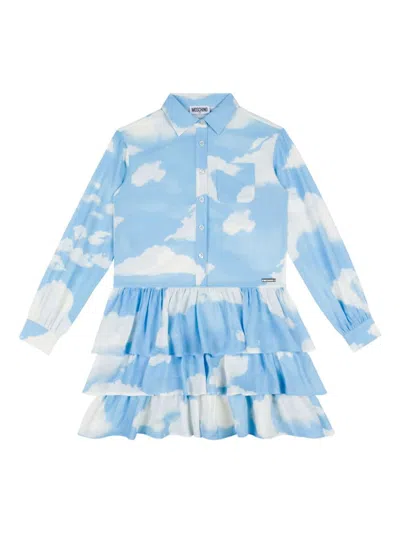 Moschino Kids' Ruffled Cloud-print Shirtdress In 蓝色
