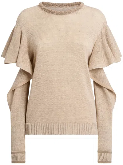 Moschino Ruffled Cut-out Sleeve Knitted Linen Blend Top In Multi