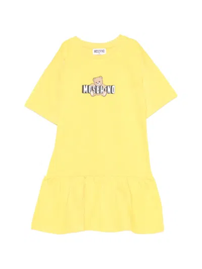 Moschino Kids' Ruffled-hem Teddy-bear-motif Cotton Dress In Yellow