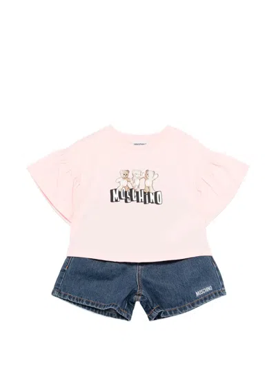 Moschino Kids' Ruffled Logo Denim Shorts Set In Pink