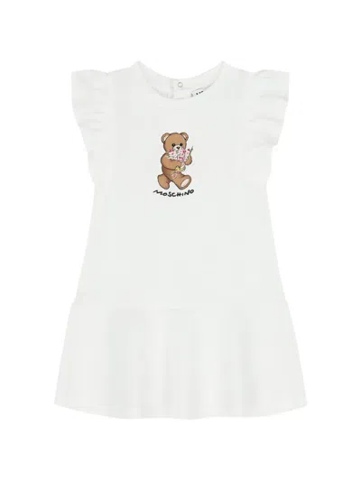 Moschino Babies' Ruffled-sleeves Teddy-print Dress In White