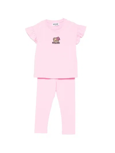 Moschino Babies' Ruffled Teddy-motif Leggings Set In Pink