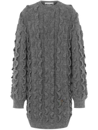 Moschino Ruffled Virgin-wool Blend Knitted Dress In Dark Grey