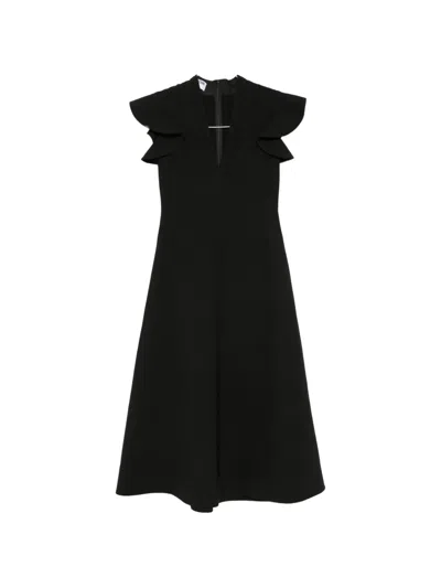 Moschino Ruffled-sleeve V-neck Midi Dress In Black
