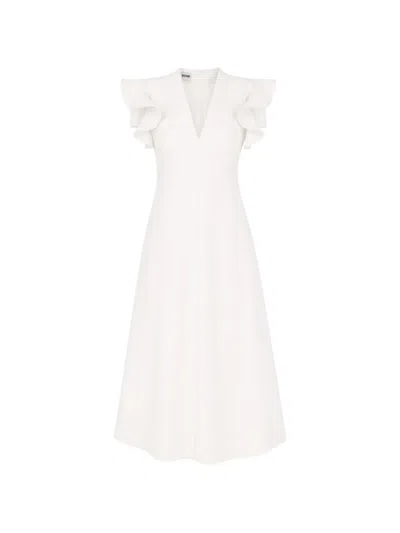 Moschino Ruffled-sleeve V-neck Midi Dress In White