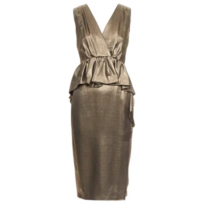 Pre-owned Moschino Rustic Metallic Gold Draped Peplum V-neck Midi Cocktail Dress It40 S In Gray