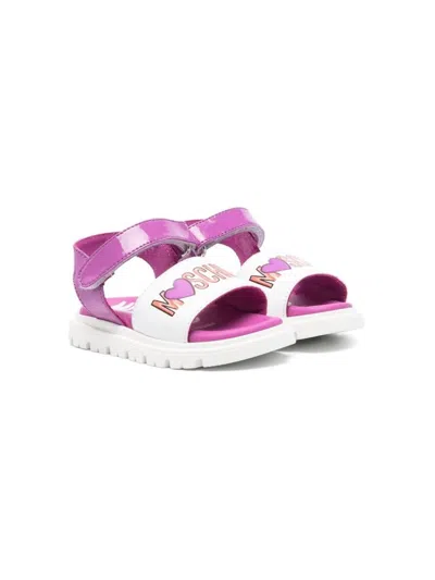 Moschino Kids' Logo-print Leather Sandals In White