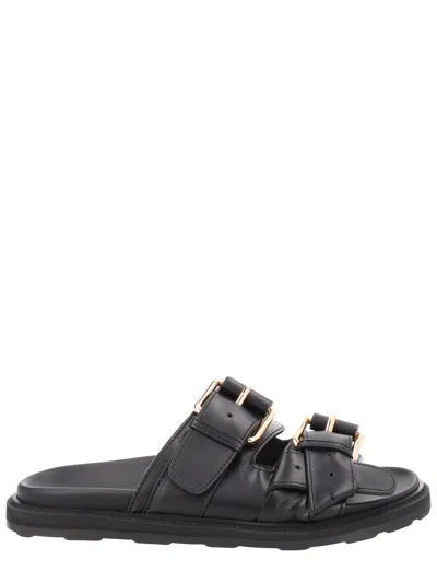 Moschino Gold Tie-me Buckles Calf Leather Sandals In Black