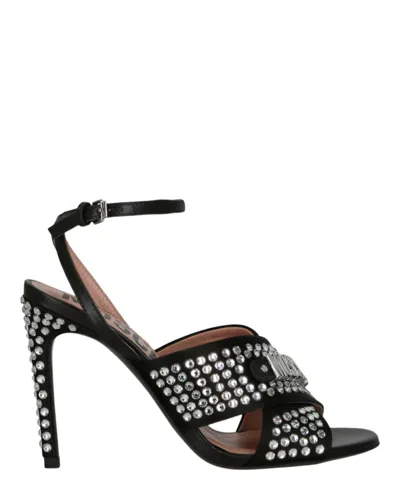 Moschino Satin Crystal Embellished Heel Sandals In Black