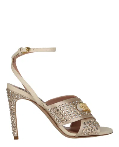 Moschino Satin Crystal Embellished Heel Sandals In Cream