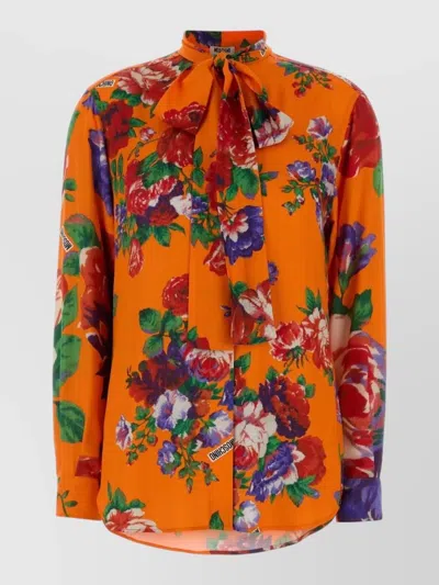 Moschino Satin Shirt Bow Neck Floral Motif In Multi