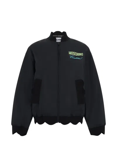 Moschino Scalloped-edge Logo-print Bomber Jacket In Black