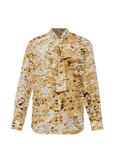 Moschino Scallop-print Bow-detail Shirt In Gold