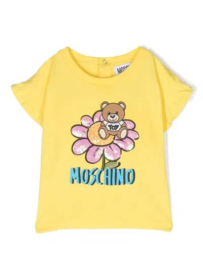 Moschino Babies' Sequin-embellished Logo-print T-shirt In Giallo