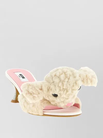 Moschino Sheep Mule Sandals Embellished Heel Faux Fur In Neutral
