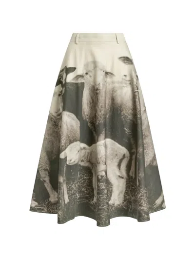 Moschino Sheep-print Flared Midi Skirt In Gray
