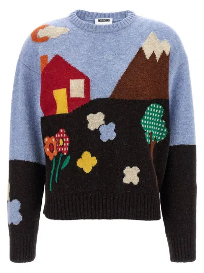 MOSCHINO SHETLAND WOOL SWEATER WITH LANDSCAPE INTARSIA